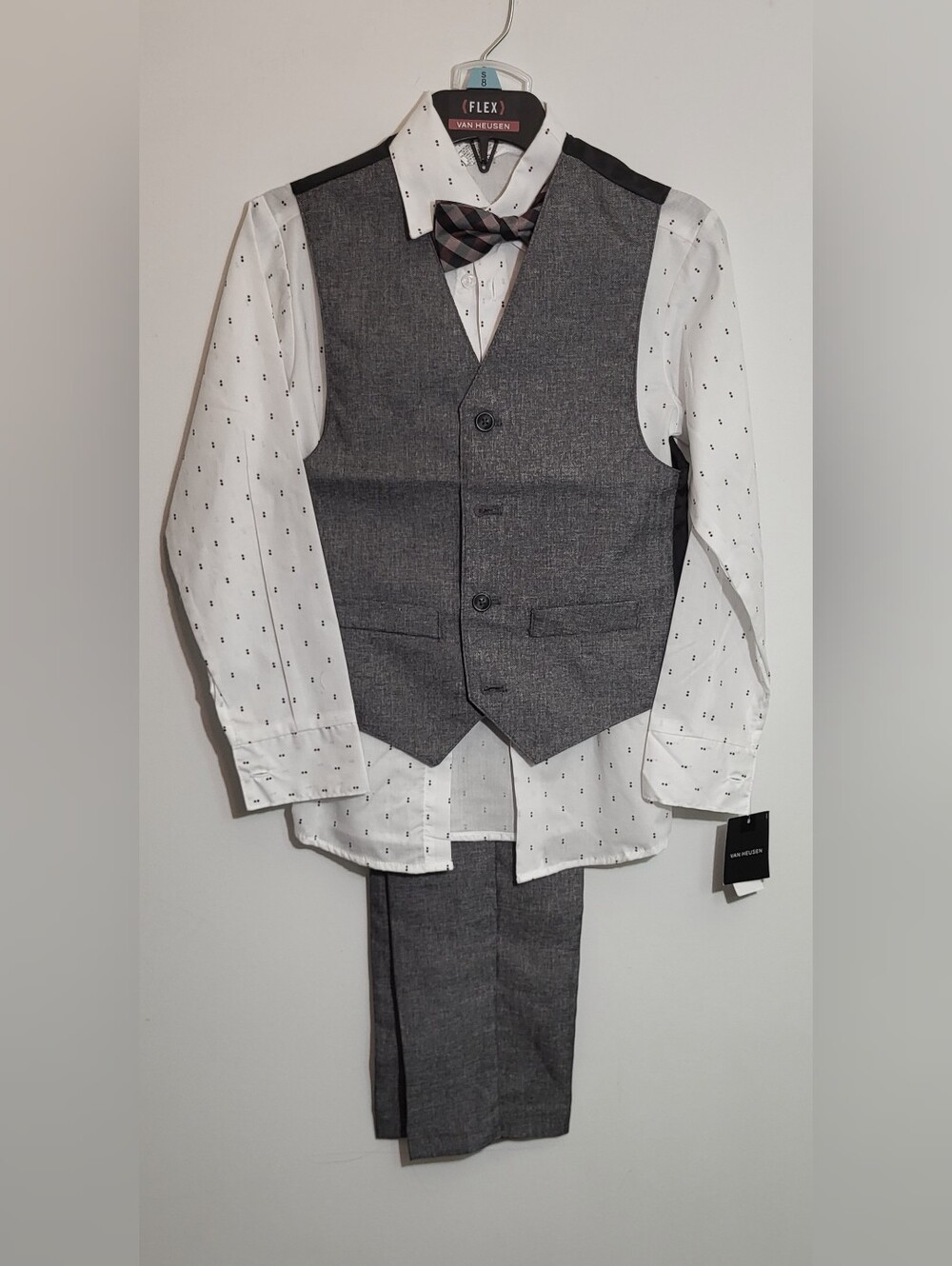 Van Heusen Boys 8 Regular 4pc Suit Set Gray Herringbone Vest Pants Shirt Tie